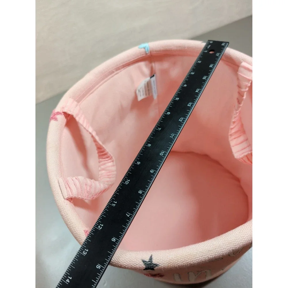 Believe In Magic Pink Cotton Canvas Storage Bin Star Embroidered Toy Basket 8in